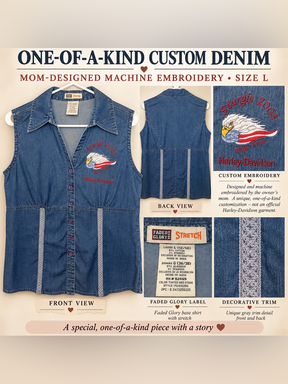 One-of-a-kind Harley-Davidson Blue Denim Sleeveless Button-Front Embroidered Top